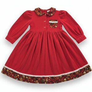 Vintage 70s Girls Corduroy Dress Orange Lace Trim Sash Handmade Size 6